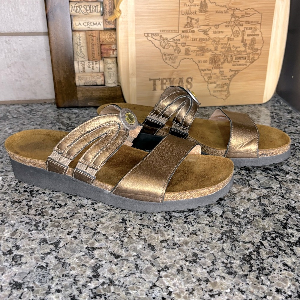 Naot Bronze Jeweled Metallic Leather Wedge Slide Sandals Size 9